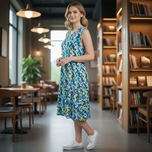 Michael Kors women's size 2X blue floral sleeveless midi dress